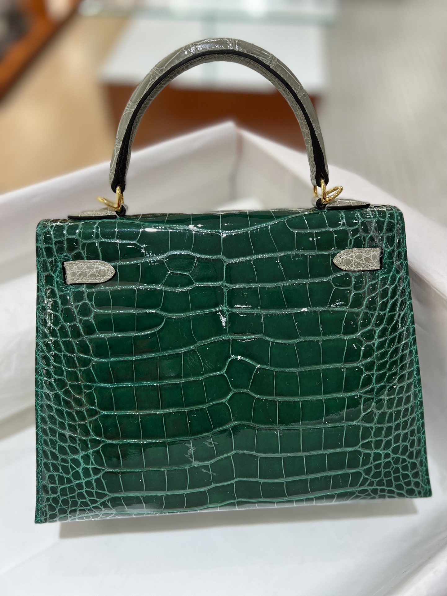 Hermes Kelly 25cm Handbag Shoulder Bag In Vert Emeraude Grey Shiny Crocodile Niloticus Leather